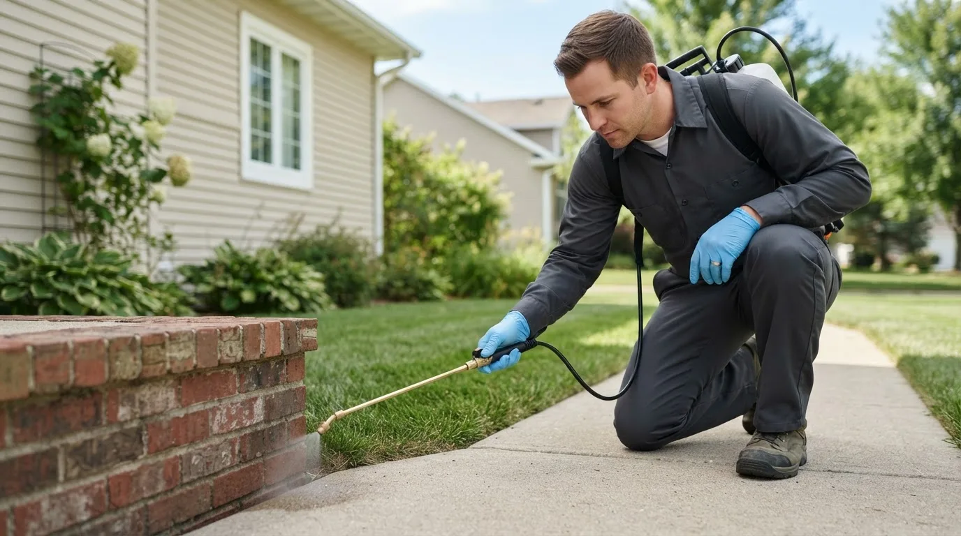 Pest control technician treating a home near Winthrop, IA