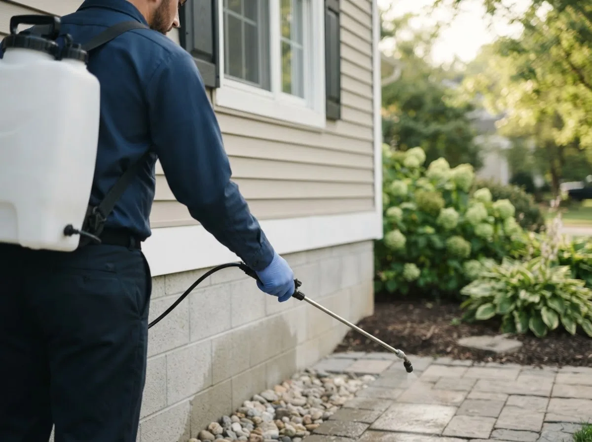 Pest control technician inspecting a home in Winthrop, IA